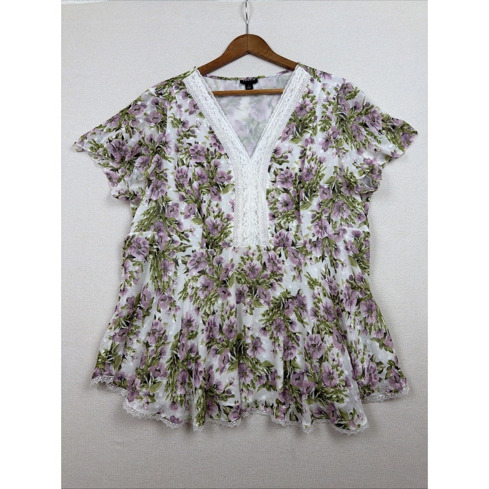 Torrid Women's Ivory Floral 1X Plus‎ Chiffon Blouse Lace V-Neck Lined Easter